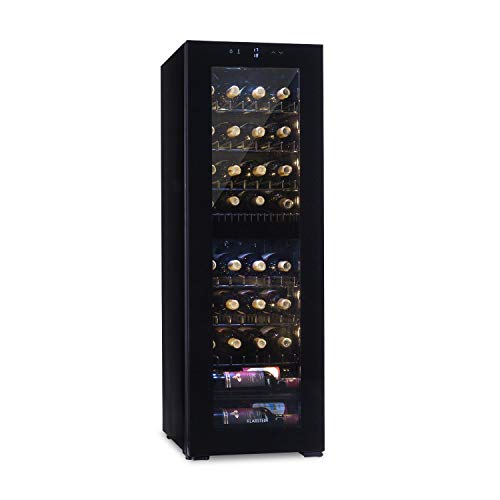 Klarstein Shiraz 39 Duo Weinkühler Weinkühlschrank, Kompressionskühler, 42 dB, Volumen: 105 Liter / 39 Flaschen, Kühltemperatur: 5-20 °C, 2 Zonen, weiße LED-Innenbeleuchtung, schwarz