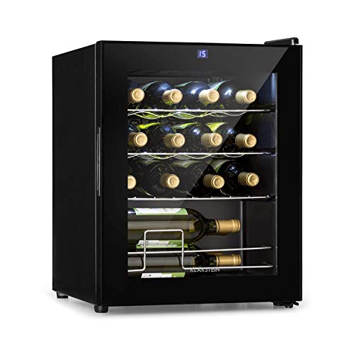 Klarstein Shiraz - Weinkühlschrank 5-18 °C, 42 dB, Soft-Touch-Bedienfeld, Weinschrank mit LED-Beleuchtung, wine fridge freistehend, 3 Regaleinschübe, 42 Liter, für 16 Flaschen Wein, schwarz