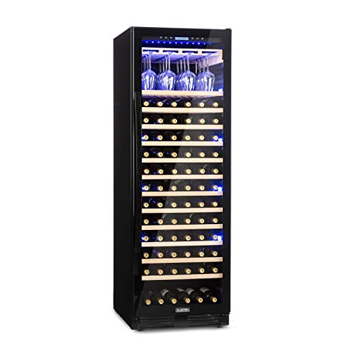 Klarstein Vinovilla Onyx - Weinkühlschrank, Glastür, einzigartige, 3-farbige Innenbeleuchtung, Buchenholzeinschübe, 2 Kühlzonen,Anti-Vibration, Touch-Bedienung, 433 Liter, 165 Weinflaschen, Schwarz