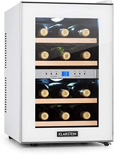 Klarstein Reserva - Weinkühlschrank, Getränkekühlschrank, Kühlschrank, 34 Liter, 2 programmierbare Kühlzonen, 12 Weinflaschen, 7-18 °C, Innentemperaturanzeige, weiß [Energieklasse B]