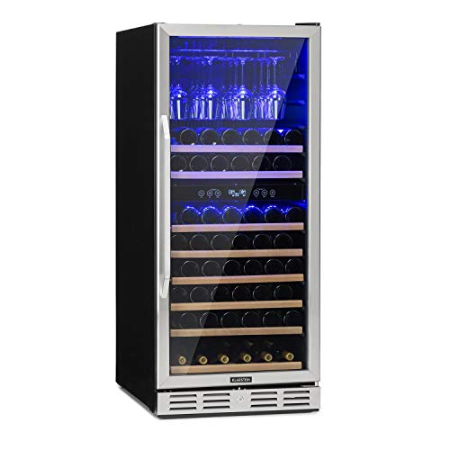 Klarstein Vinovilla - Weinkühlschrank, Getränkekühlschrank, Touch-Bediensektion, LED-Innenbeleuchtung, 2 Kühlzonen, Volumen: 313 Liter, 11 Holzeinschübe, Edelstahlfront